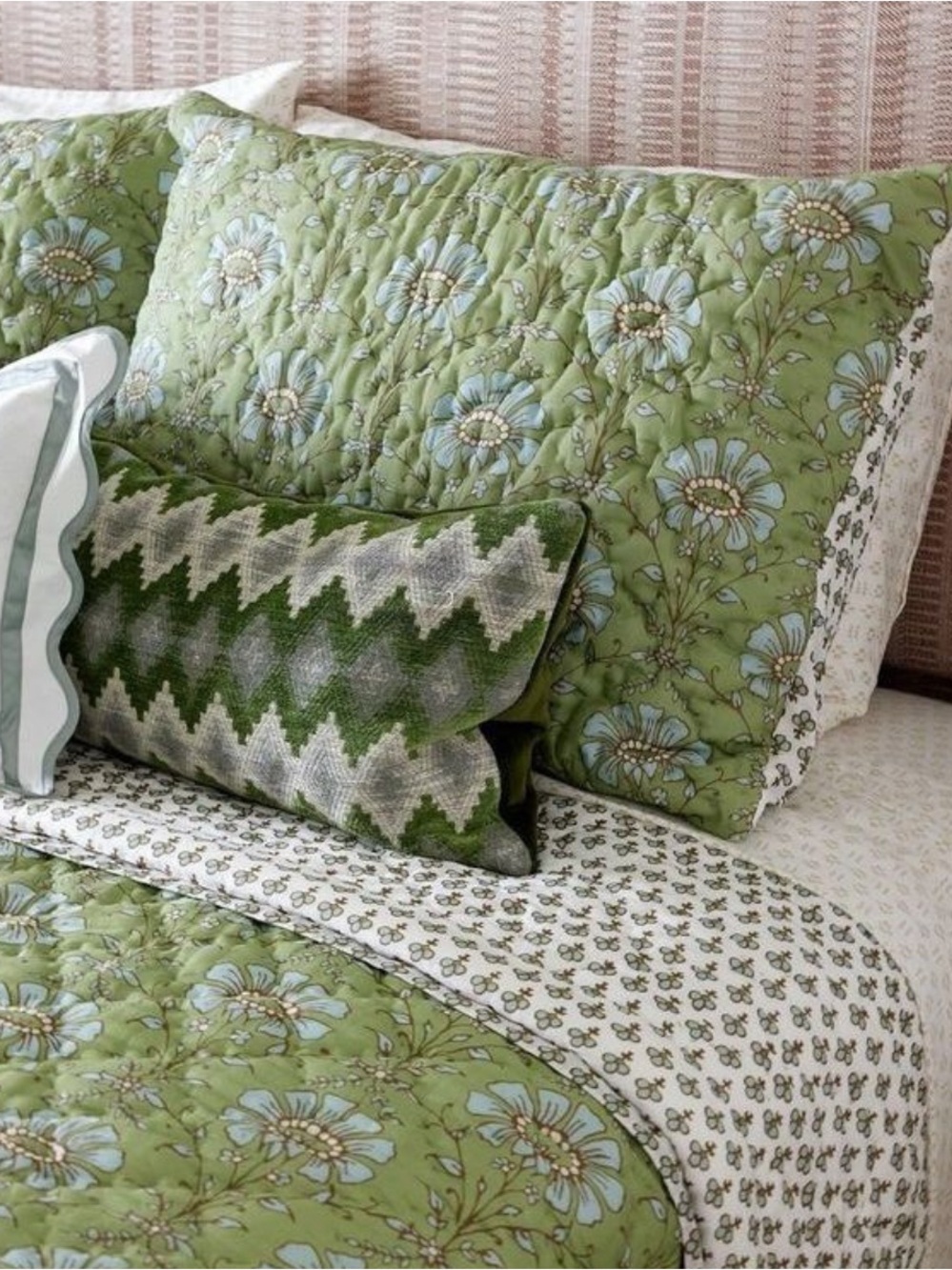 John Robshaw || Jeeva Quilted Shams Pair Sage Green Floral Block Print Standard